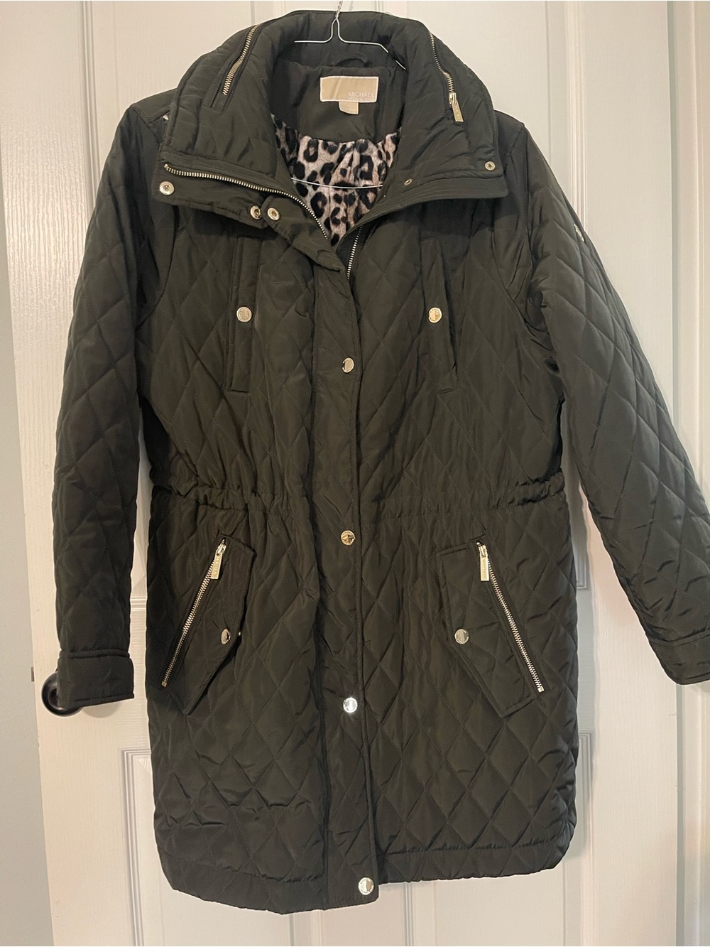 MICHAEL Michael Kors Olive Green Quilted Puffer Coat with Leopard Lining